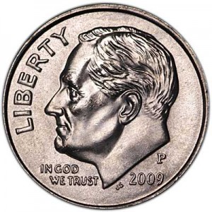 One dime 10 cents 2009 US Roosevelt, mint P price, composition, diameter, thickness, mintage, orientation, video, authenticity, weight, Description