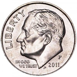 One dime 10 cents 2011 US Roosevelt, mint P price, composition, diameter, thickness, mintage, orientation, video, authenticity, weight, Description