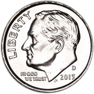 One dime 10 cents 2013 US Roosevelt, mint D price, composition, diameter, thickness, mintage, orientation, video, authenticity, weight, Description