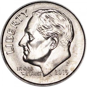 One dime 10 cents 2015 US Roosevelt, mint P price, composition, diameter, thickness, mintage, orientation, video, authenticity, weight, Description