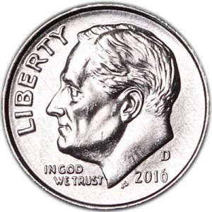 One dime 10 cents 2016 US Roosevelt, mint D price, composition, diameter, thickness, mintage, orientation, video, authenticity, weight, Description