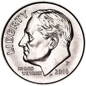 One dime 10 cents 2016 US Roosevelt, mint P price, composition, diameter, thickness, mintage, orientation, video, authenticity, weight, Description
