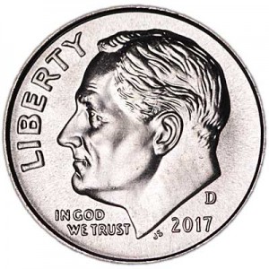 One dime 10 cents 2017 US Roosevelt, mint D price, composition, diameter, thickness, mintage, orientation, video, authenticity, weight, Description