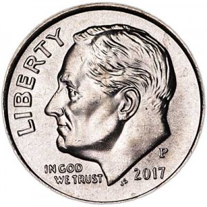 One dime 10 cents 2017 US Roosevelt, mint P price, composition, diameter, thickness, mintage, orientation, video, authenticity, weight, Description