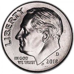 One dime 10 cents 2018 US Roosevelt, mint D price, composition, diameter, thickness, mintage, orientation, video, authenticity, weight, Description