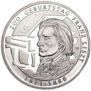 10 евро 2011, Германия, 200 лет со дня рождения Ференца Листа,  цена, стоимость