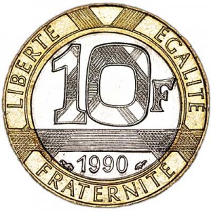 10 Francs 1990 France price, composition, diameter, thickness, mintage, orientation, video, authenticity, weight, Description