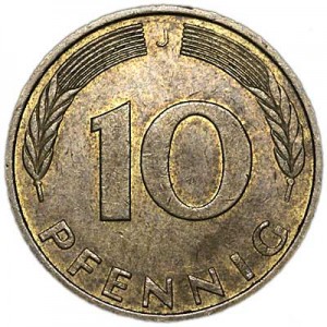10 pfennig 1950-1996 Germany price, composition, diameter, thickness, mintage, orientation, video, authenticity, weight, Description