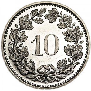 10 rappen 1990-2012 Switzerland price, composition, diameter, thickness, mintage, orientation, video, authenticity, weight, Description