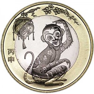 10 yuan 2016 China Year of the monkey price, composition, diameter, thickness, mintage, orientation, video, authenticity, weight, Description