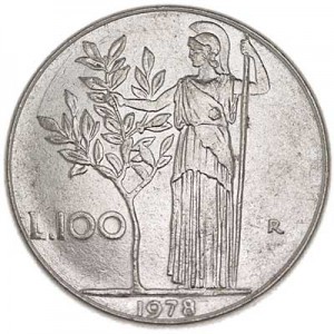 100 lire 1978 Italy price, composition, diameter, thickness, mintage, orientation, video, authenticity, weight, Description