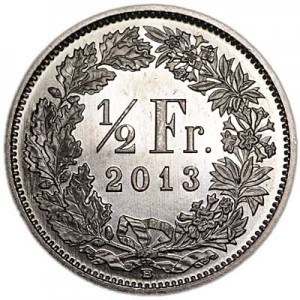 1/2 франка 2013 Швейцария, из обращения цена, стоимость