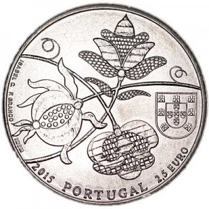 2.5 euros 2015 Portugal, Coverlets from Castelo Branco price, composition, diameter, thickness, mintage, orientation, video, authenticity, weight, Description