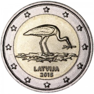 2 Euro 2015 Latvia, Stork price, composition, diameter, thickness, mintage, orientation, video, authenticity, weight, Description