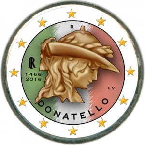 2 euro 2016 Italy Donatello (colorized) price, composition, diameter, thickness, mintage, orientation, video, authenticity, weight, Description