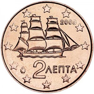 2 cents 2003 Greece UNC price, composition, diameter, thickness, mintage, orientation, video, authenticity, weight, Description