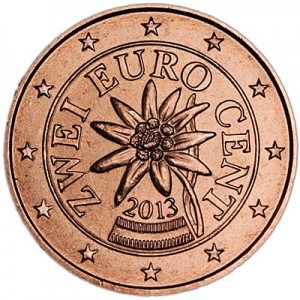2 cents 2013 Austria UNC price, composition, diameter, thickness, mintage, orientation, video, authenticity, weight, Description