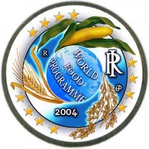 2 euro 2004, Italy, World Food Programme colorized price, composition, diameter, thickness, mintage, orientation, video, authenticity, weight, Description