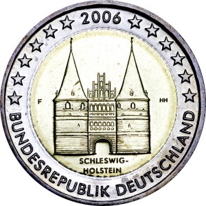 2 euro 2006, Germany, Schleswig-Holstein, mint F price, composition, diameter, thickness, mintage, orientation, video, authenticity, weight, Description