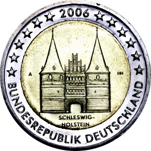 2 евро 2006 Германия, Шлезвиг-Гольштейн, серия "Федеральные земли Германии", двор А цена, стоимость
