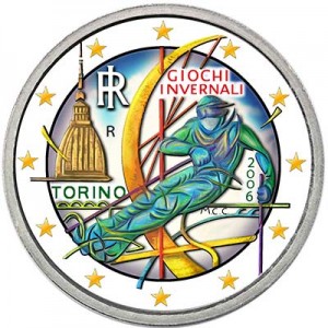 2 euro 2006, Italy, 2006 Winter Olympics in Turin colorized price, composition, diameter, thickness, mintage, orientation, video, authenticity, weight, Description