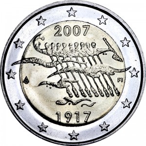 2 евро 2007, Финляндия, 90 лет независимости Финляндии цена, стоимость