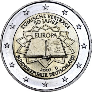 2 euro 2007, Treaty of Rome, Germany, mint G price, composition, diameter, thickness, mintage, orientation, video, authenticity, weight, Description