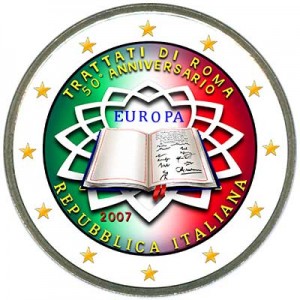 2 euro 2007 Treaty of Rome, Italy (colorized) price, composition, diameter, thickness, mintage, orientation, video, authenticity, weight, Description