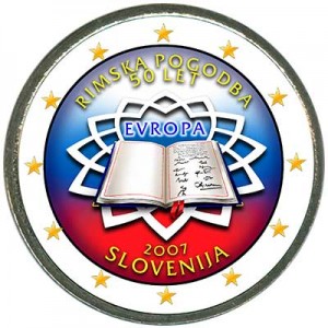 2 euro 2007 Treaty of Rome, Slovenia (colorized) price, composition, diameter, thickness, mintage, orientation, video, authenticity, weight, Description