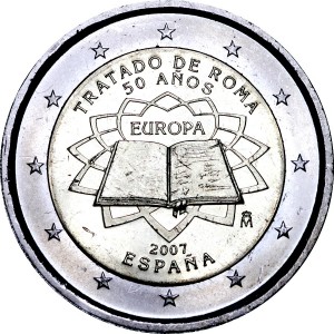 2 euro 2007, Treaty of Rome, Spain price, composition, diameter, thickness, mintage, orientation, video, authenticity, weight, Description