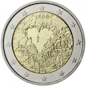 2 euro 2008, Finland, Universal Declaration of Human Rights price, composition, diameter, thickness, mintage, orientation, video, authenticity, weight, Description