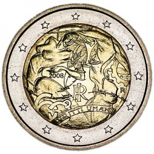 2 euro 2008, Italy, Universal Declaration of Human Rights price, composition, diameter, thickness, mintage, orientation, video, authenticity, weight, Description