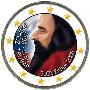 2 евро 2008, Словения, 500 лет со дня рождения Приможа Трубара, цветная цена, стоимость