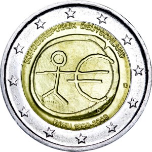 2 евро 2009, 10 лет Экономическому и валютному союзу, Германия, двор D цена, стоимость