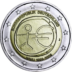 2 euro 2009, economic and monetary union, Germany, mint J price, composition, diameter, thickness, mintage, orientation, video, authenticity, weight, Description