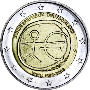 2 euro 2009, economic and monetary union, Germany, mint G price, composition, diameter, thickness, mintage, orientation, video, authenticity, weight, Description