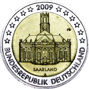 2 euro 2009, Germany, Saarland, mint A price, composition, diameter, thickness, mintage, orientation, video, authenticity, weight, Description
