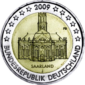 2 euro 2009, Germany, Saarland, mint J price, composition, diameter, thickness, mintage, orientation, video, authenticity, weight, Description