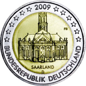 2 euro 2009, Germany, Saarland, mint D price, composition, diameter, thickness, mintage, orientation, video, authenticity, weight, Description