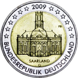2 euro 2009, Germany, Saarland, mint G price, composition, diameter, thickness, mintage, orientation, video, authenticity, weight, Description