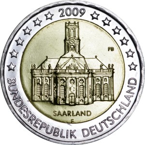 2 euro 2009, Germany, Saarland, mint F price, composition, diameter, thickness, mintage, orientation, video, authenticity, weight, Description