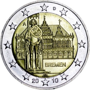 2 euro 2010, Germany, Town Hall of Bremen, mint A price, composition, diameter, thickness, mintage, orientation, video, authenticity, weight, Description