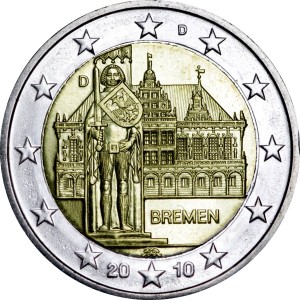 2 евро 2010, Германия, Городская ратуша Бремена, серия "Федеральные земли Германии", двор D цена, стоимость