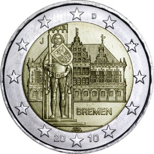2 euro 2010, Germany, Town Hall of Bremen, mint J price, composition, diameter, thickness, mintage, orientation, video, authenticity, weight, Description