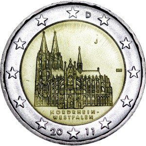 2 евро 2011 Германия, Северный Рейн — Вестфалия, серия "Федеральные земли Германии" (NORDRHEIN-WESTFALEN) J цена, стоимость