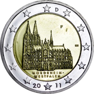 2 euro 2011 Germany North Rhine-Westphalia, F price, composition, diameter, thickness, mintage, orientation, video, authenticity, weight, Description