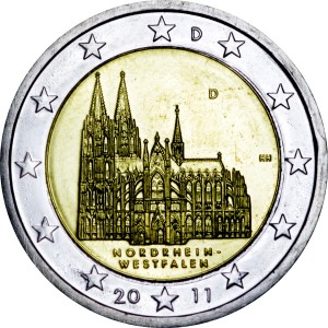 2 euro 2011 Germany North Rhine-Westphalia, D price, composition, diameter, thickness, mintage, orientation, video, authenticity, weight, Description