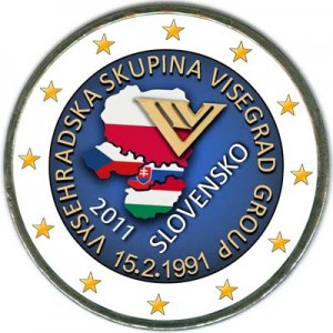 2 евро 2011 Словакия 20 лет формирования Вишеградской группы, цветная цена, стоимость