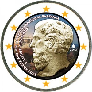 2 euro 2013 Greece Founding of the Platonic Academy (colorized) price, composition, diameter, thickness, mintage, orientation, video, authenticity, weight, Description