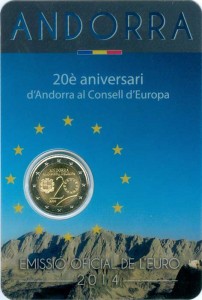 2 euro 2014 Andorra, 20th anniversary of accession to the Council of Europe price, composition, diameter, thickness, mintage, orientation, video, authenticity, weight, Description